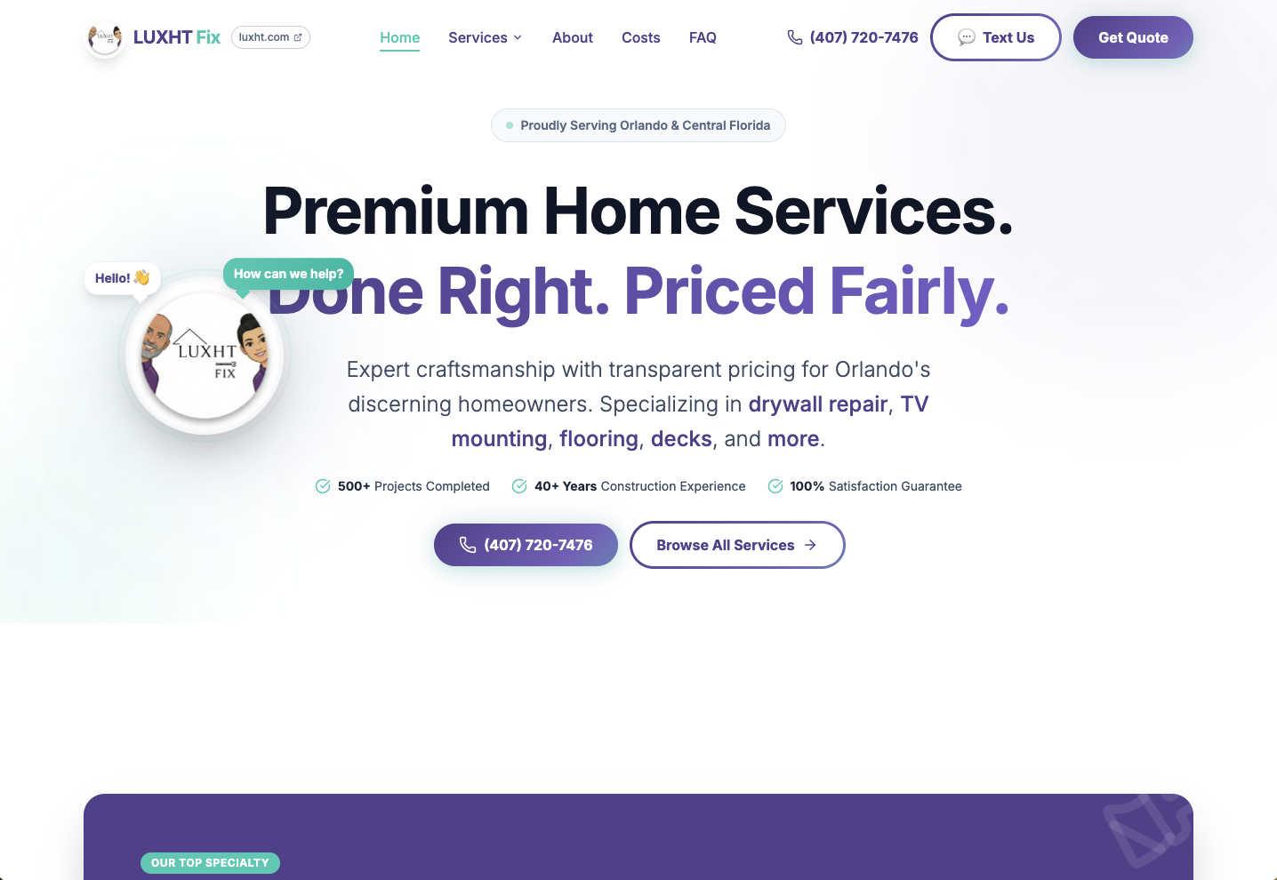 LUXHT Fix premium handyman services homepage - conversion-focused design with free quote CTA