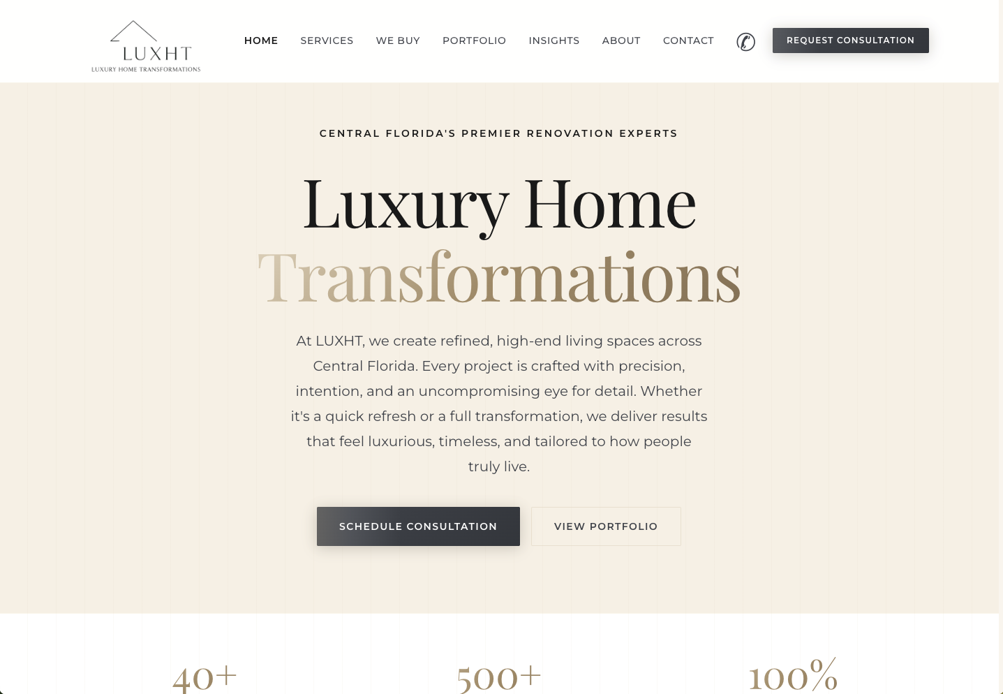 LUXHT Home Transformations homepage - luxury renovation portfolio with consultation booking