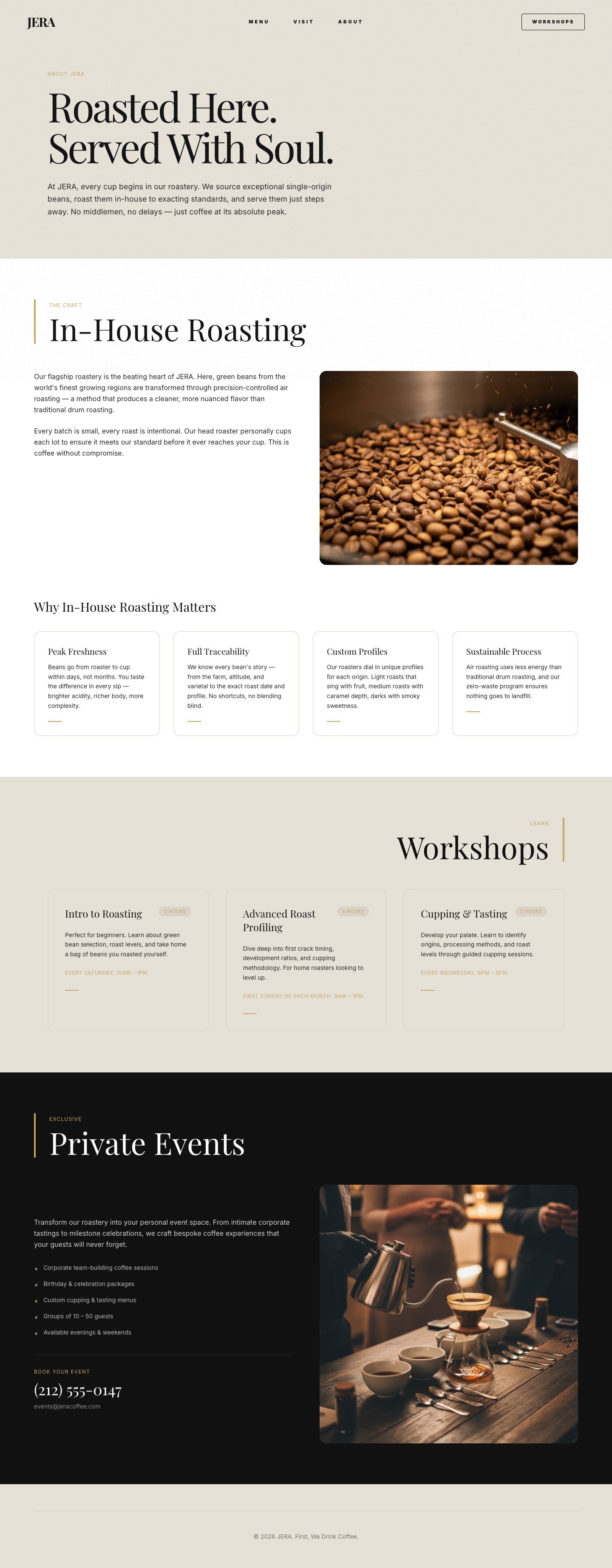 JERA Coffee artisan roastery website with editorial minimal design and event booking