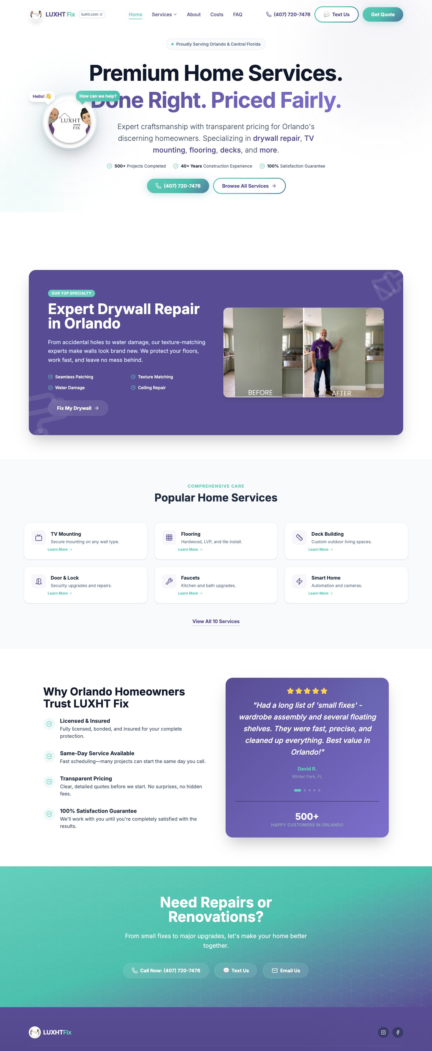 LUXHT Fix premium handyman services website with free quote CTA and same-day service