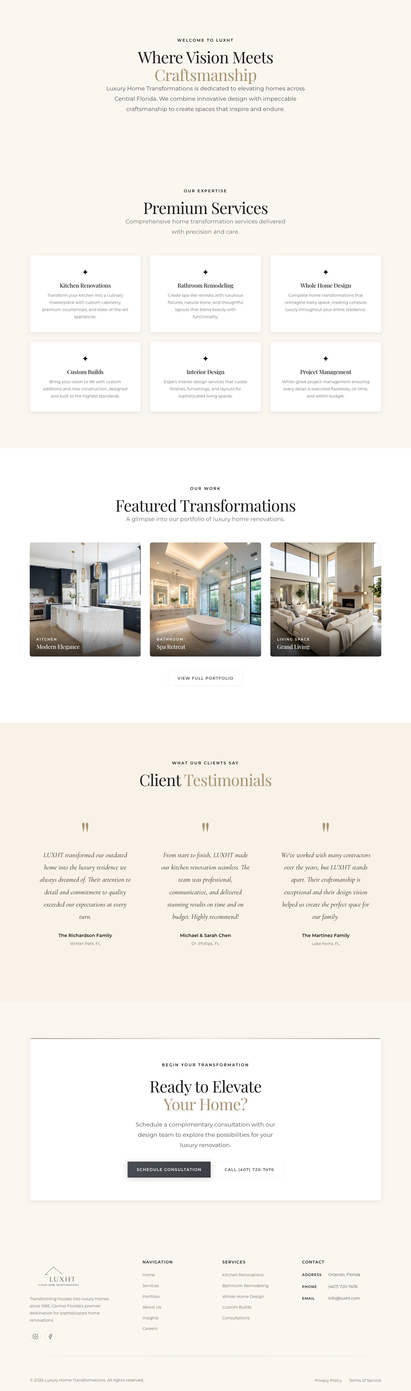 LUXHT luxury home transformations website with portfolio gallery and consultation booking